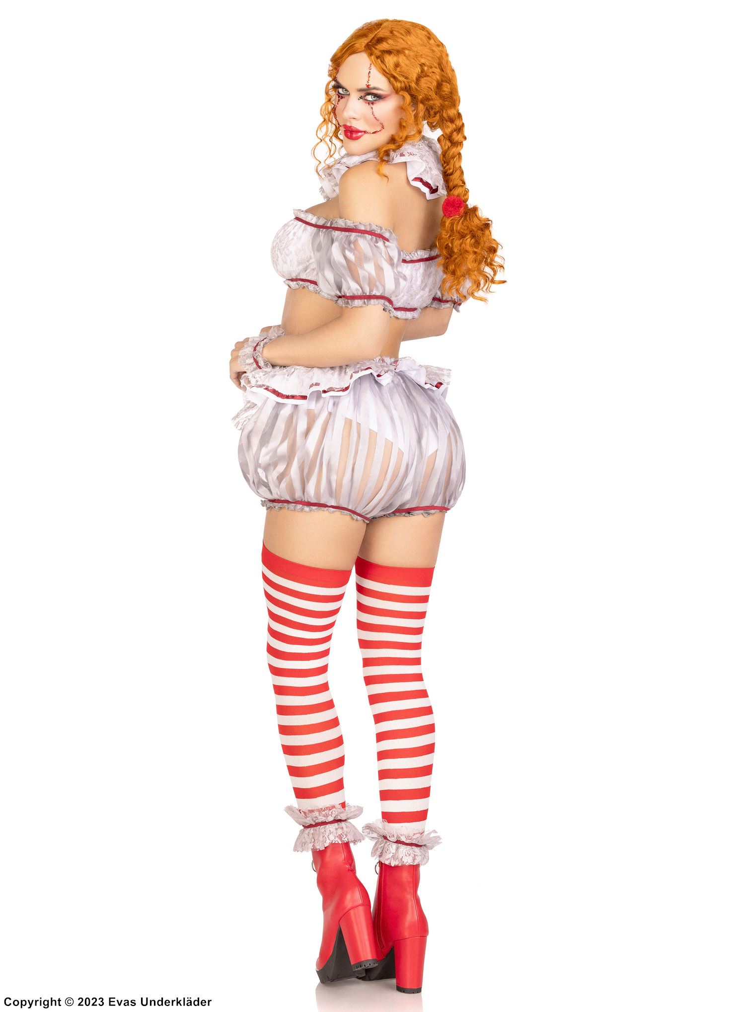 Creepy female clown from IT, top and shorts costume, ruffle trim, puff sleeves, pom pom